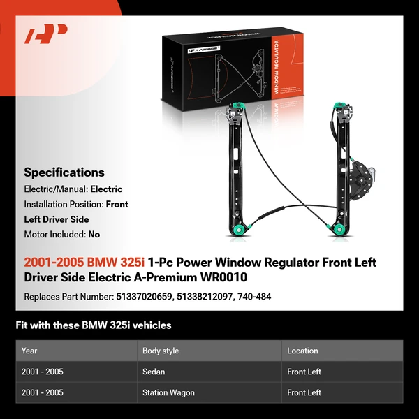 2001-2005 BMW 325i 1-Pc Power Window Regulator Front Left Driver Side Electric A-Premium WR0010