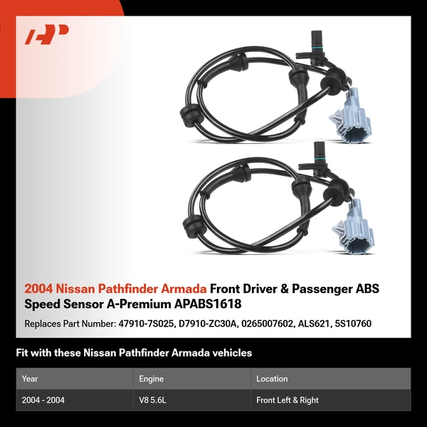2004 Nissan Pathfinder Armada Front Driver & Passenger ABS Speed Sensor A-Premium APABS1618