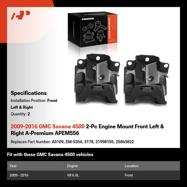 2009-2016 GMC Savana 4500 2-Pc Engine Mount Front Left & Right A-Premium APEM556