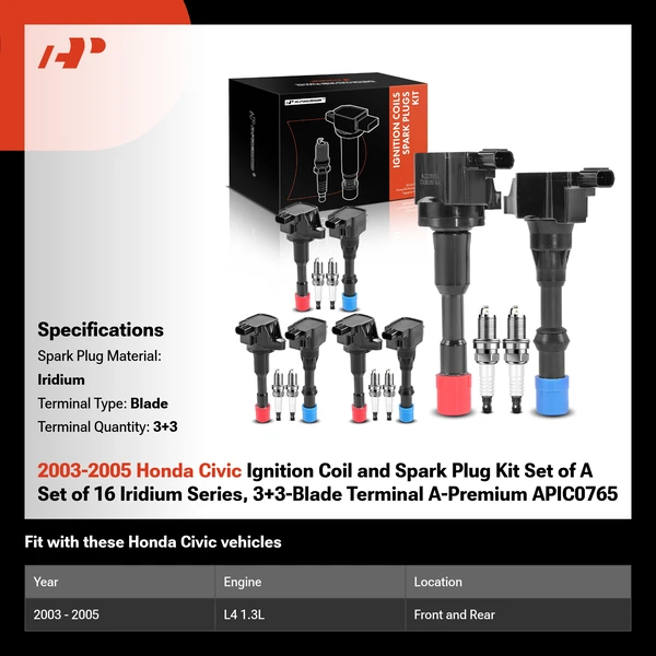 2003-2005 Honda Civic Ignition Coil and Spark Plug Kit Set of A Set of 16 Iridium Series, 3+3-Blade Terminal A-Premium APIC0765