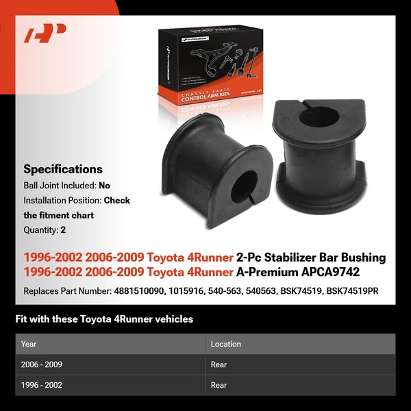 1996-2002 2006-2009 Toyota 4Runner 2-Pc Stabilizer Bar Bushing 1996-2002 2006-2009 Toyota 4Runner A-Premium APCA9742