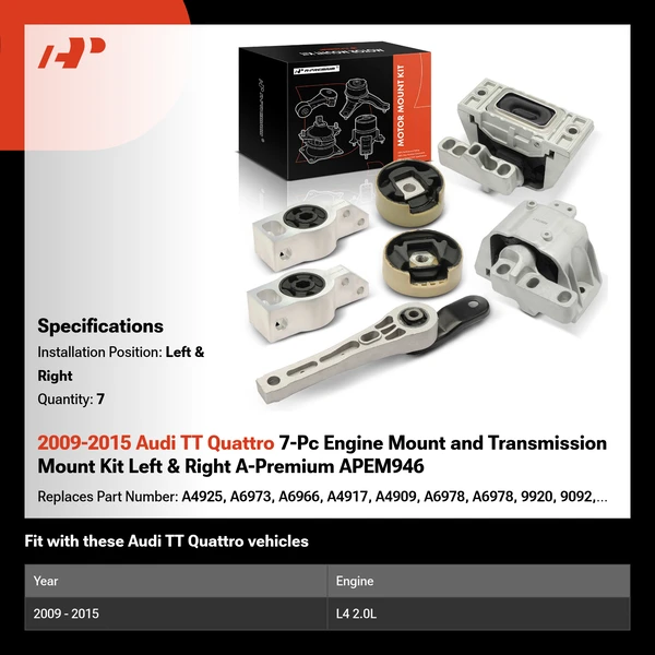 2009-2015 Audi TT Quattro 7-Pc Engine Mount and Transmission Mount Kit Left & Right A-Premium APEM946