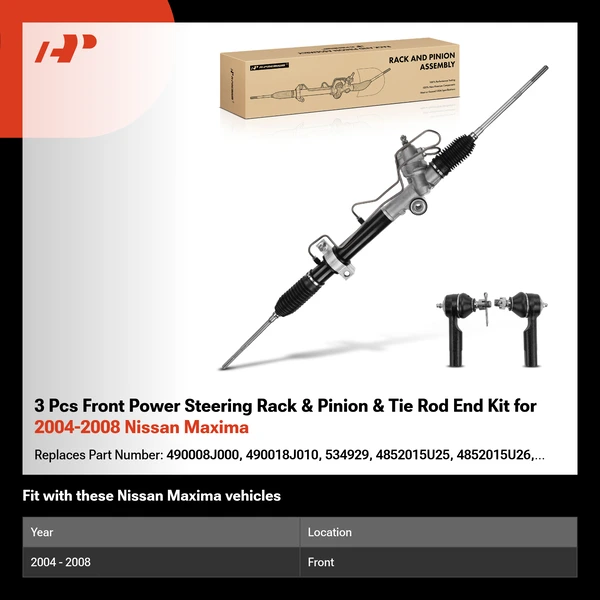 3 Pcs Front Power Steering Rack & Pinion & Tie Rod End Kit for 2004-2008 Nissan Maxima