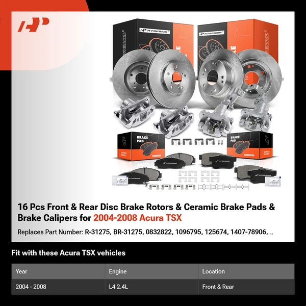 16 Pcs Front & Rear Disc Brake Rotors & Ceramic Brake Pads & Brake Calipers for 2004-2008 Acura TSX