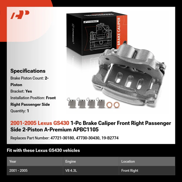 2001-2005 Lexus GS430 1-Pc Brake Caliper Front Right Passenger Side 2-Piston A-Premium APBC1105
