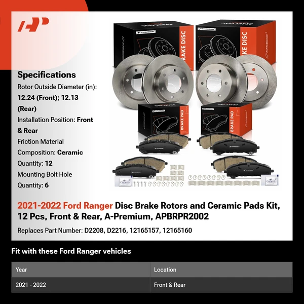 2021-2022 Ford Ranger Disc Brake Rotors and Ceramic Pads Kit, 12 Pcs, Front & Rear, A-Premium, APBRPR2002