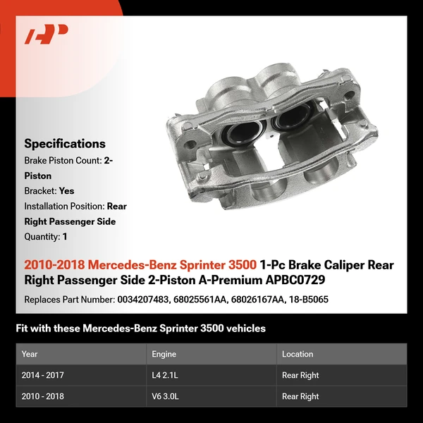2010-2018 Mercedes-Benz Sprinter 3500 1-Pc Brake Caliper Rear Right Passenger Side 2-Piston A-Premium APBC0729