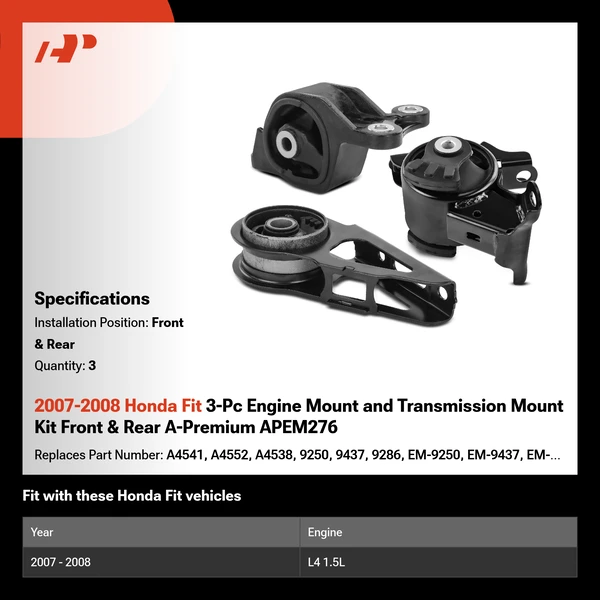 2007-2008 Honda Fit 3-Pc Engine Mount and Transmission Mount Kit Front & Rear A-Premium APEM276