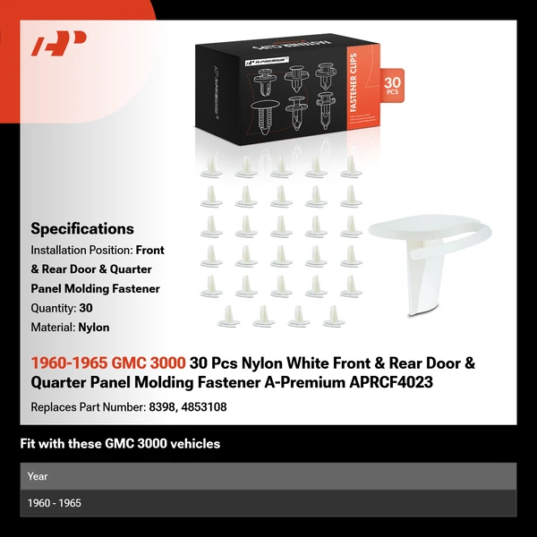 1960-1965 GMC 3000 30 Pcs Nylon White Front & Rear Door & Quarter Panel Molding Fastener A-Premium APRCF4023