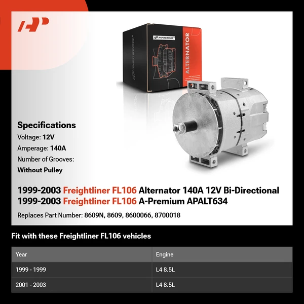 1999-2003 Freightliner FL106 Alternator 140A 12V Bi-Directional 1999-2003 Freightliner FL106 A-Premium APALT634