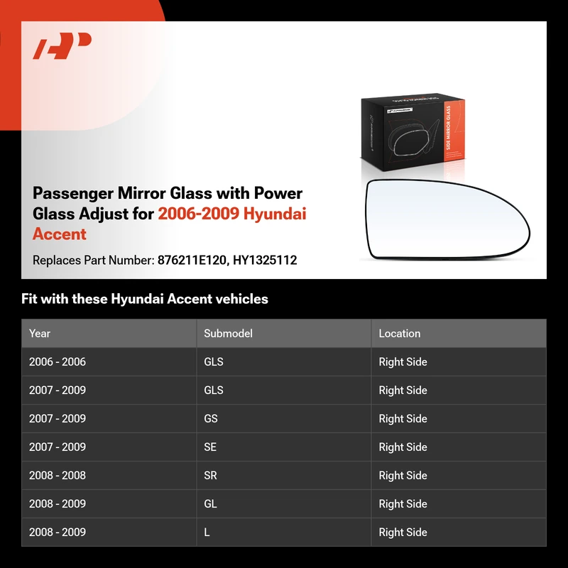 Passenger Mirror Glass with Power Glass Adjust for 2006-2009 Hyundai Accent