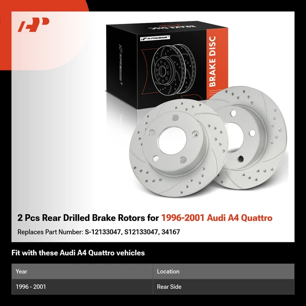 2 Pcs Rear Drilled Brake Rotors for 1996-2001 Audi A4 Quattro