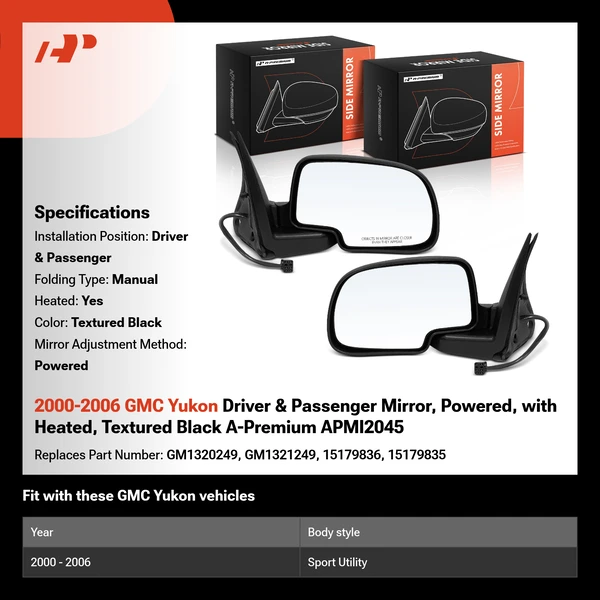 2000-2006 GMC Yukon Driver & Passenger Mirror, Powered, with Heated, Textured Black A-Premium APMI2045