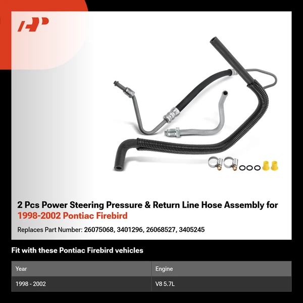 2 Pcs Power Steering Pressure & Return Line Hose Assembly for 1998-2002 Pontiac Firebird