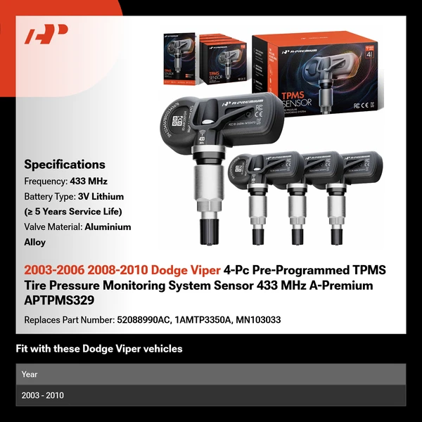 2003-2006 2008-2010 Dodge Viper 4-Pc Pre-Programmed TPMS Tire Pressure Monitoring System Sensor 433 MHz A-Premium APTPMS329