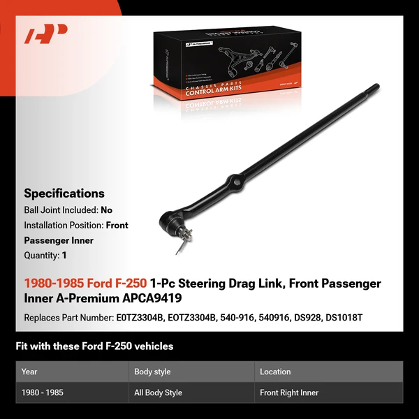 1980-1985 Ford F-250 1-Pc Steering Drag Link, Front Passenger Inner A-Premium APCA9419