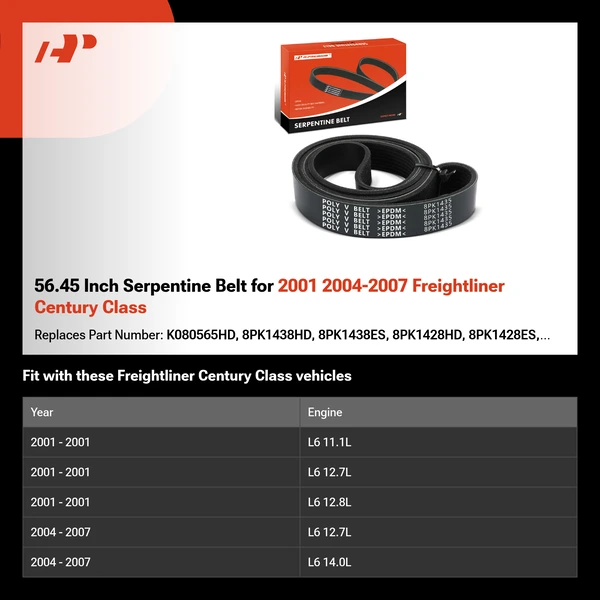 56.45 Inch Serpentine Belt for 2001 2004-2007 Freightliner Century Class