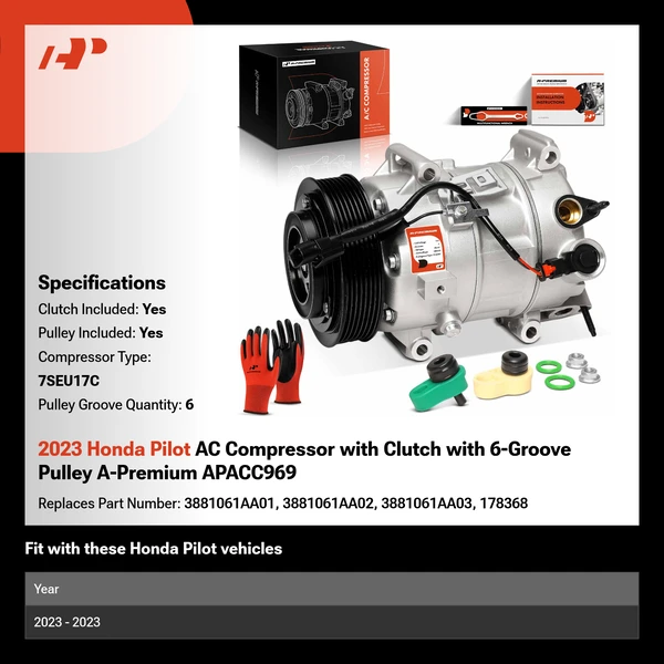 2023 Honda Pilot AC Compressor with Clutch with 6-Groove Pulley A-Premium APACC969