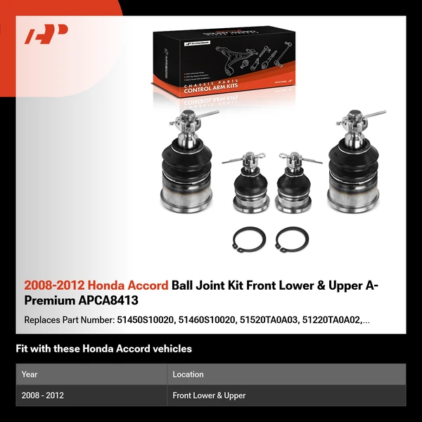 2008-2012 Honda Accord Ball Joint Kit Front Lower & Upper A-Premium APCA8413