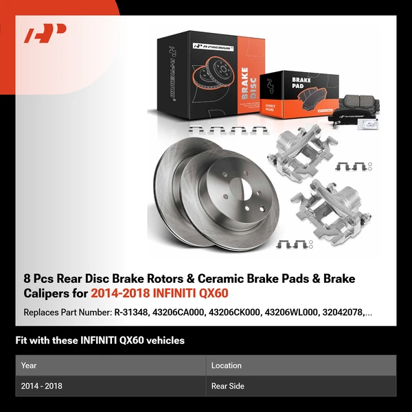 8 Pcs Rear Disc Brake Rotors & Ceramic Brake Pads & Brake Calipers for 2014-2018 INFINITI QX60