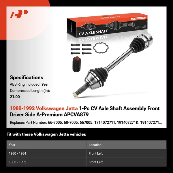 1980-1992 Volkswagen Jetta 1-Pc CV Axle Shaft Assembly Front Driver Side A-Premium APCVA879