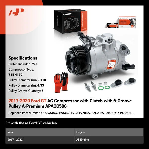 2017-2020 Ford GT AC Compressor with Clutch with 6-Groove Pulley A-Premium APACC508