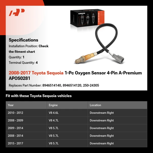 2008-2017 Toyota Sequoia 1-Pc Oxygen Sensor 4-Pin A-Premium APOS0281