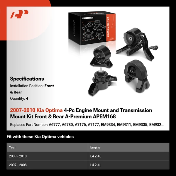 2007-2010 Kia Optima 4-Pc Engine Mount and Transmission Mount Kit Front & Rear A-Premium APEM168