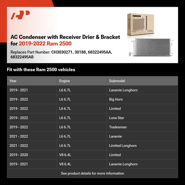 AC Condenser with Receiver Drier & Bracket for 2019-2022 Ram 2500