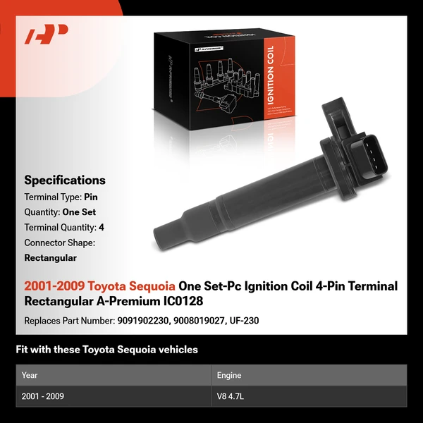 2001-2009 Toyota Sequoia One Set-Pc Ignition Coil 4-Pin Terminal Rectangular A-Premium IC0128