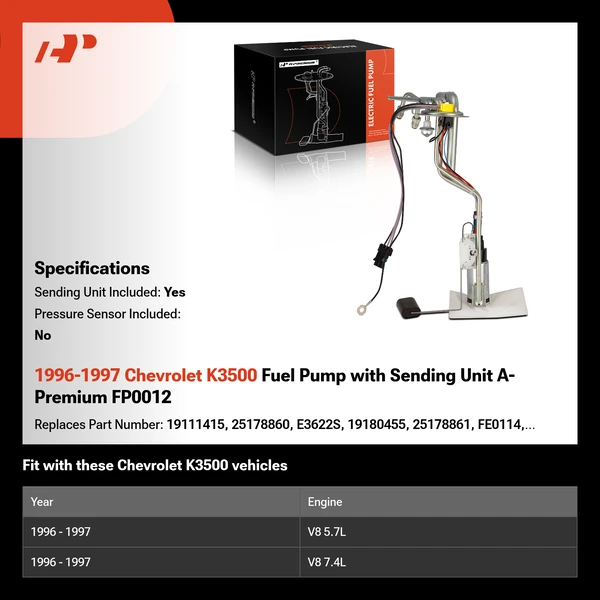 1996-1997 Chevrolet K3500 Fuel Pump with Sending Unit A-Premium FP0012