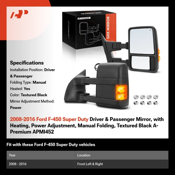2008-2016 Ford F-450 Super Duty Driver & Passenger Mirror, with Heating, Power Adjustment, Manual Folding, Textured Black A-Premium APMI452
