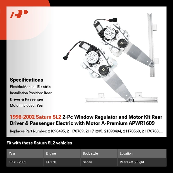 1996-2002 Saturn SL2 2-Pc Window Regulator and Motor Kit Rear Driver & Passenger Electric with Motor A-Premium APWR1609