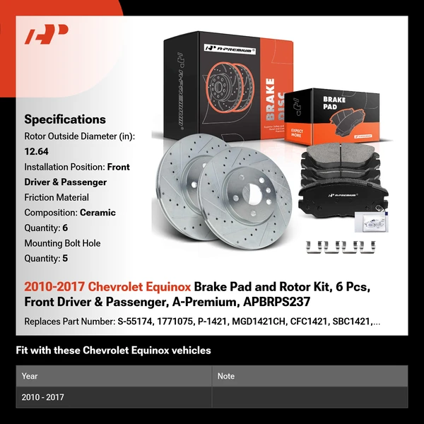 2010-2017 Chevrolet Equinox Brake Pad and Rotor Kit, 6 Pcs, Front Driver & Passenger, A-Premium, APBRPS237