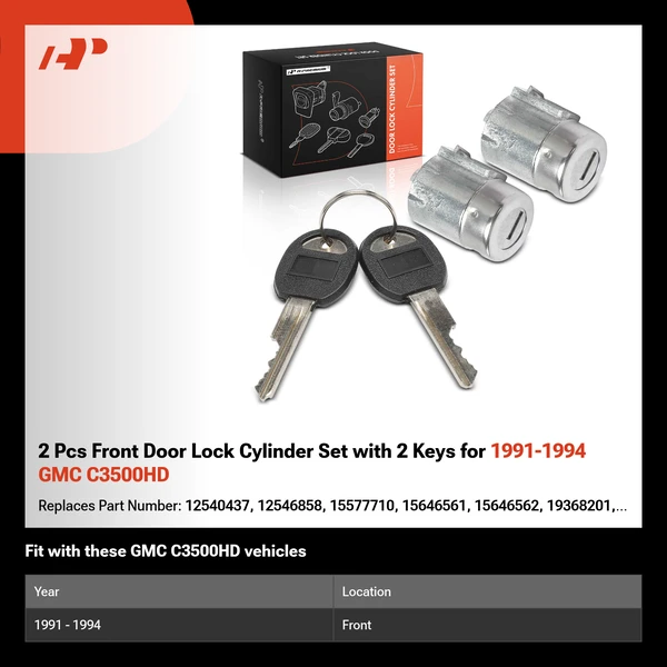 2 Pcs Front Door Lock Cylinder Set with 2 Keys for 1991-1994 GMC C3500HD