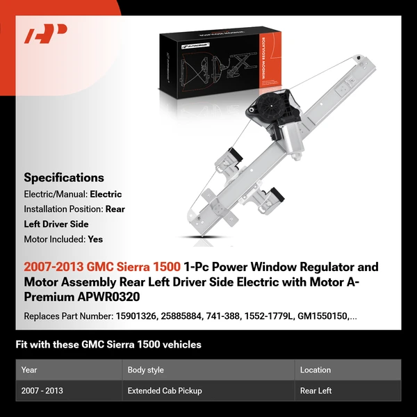 2007-2013 GMC Sierra 1500 1-Pc Power Window Regulator and Motor Assembly Rear Left Driver Side Electric with Motor A-Premium APWR0320
