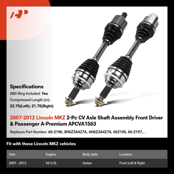 2007-2012 Lincoln MKZ 2-Pc CV Axle Shaft Assembly Front Driver & Passenger A-Premium APCVA1563