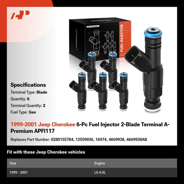 1999-2001 Jeep Cherokee 6-Pc Fuel Injector 2-Blade Terminal A-Premium APFI117