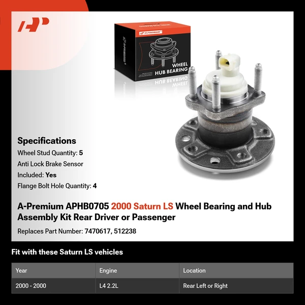 A-Premium APHB0705 2000 Saturn LS Wheel Bearing and Hub Assembly Kit Rear Driver or Passenger