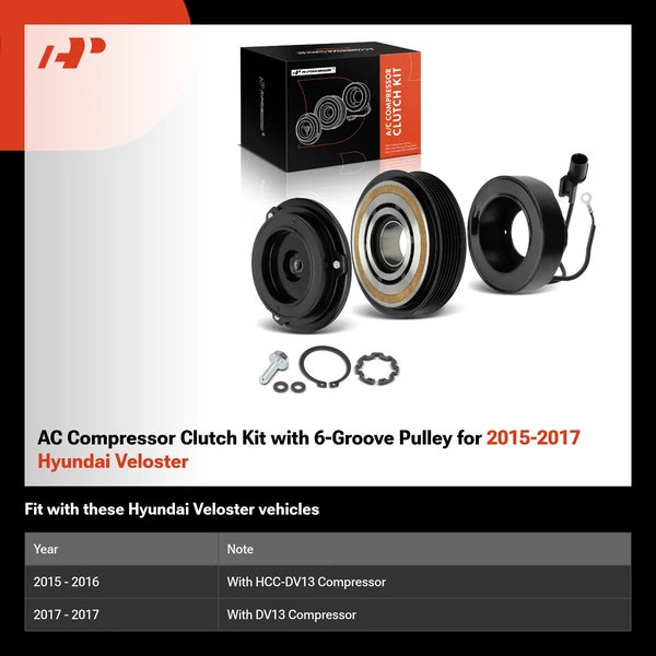 AC Compressor Clutch Kit with 6-Groove Pulley for 2015-2017 Hyundai Veloster