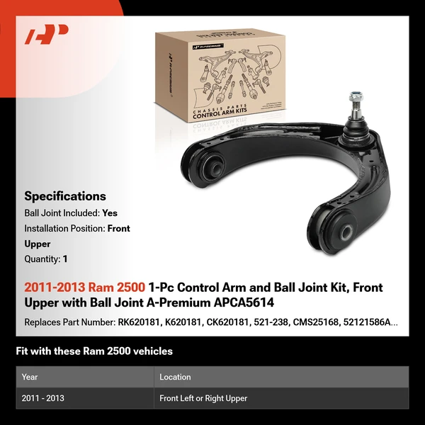 2011-2013 Ram 2500 1-Pc Control Arm and Ball Joint Kit, Front Upper with Ball Joint A-Premium APCA5614