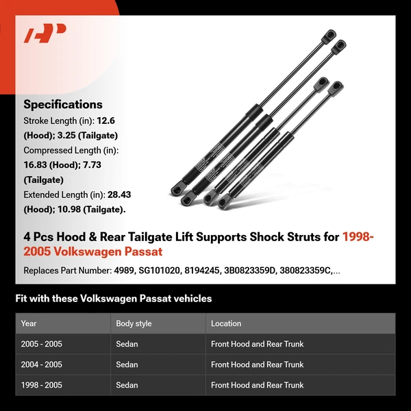 4 Pcs Hood & Rear Tailgate Lift Supports Shock Struts for 1998-2005 Volkswagen Passat