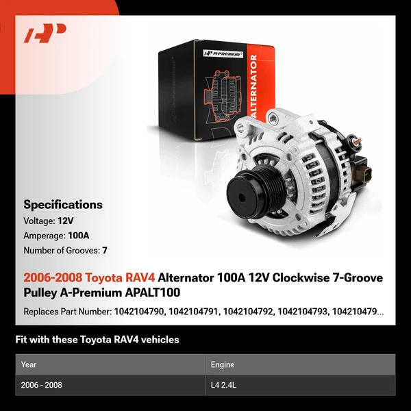 2006-2008 Toyota RAV4 Alternator 100A 12V Clockwise 7-Groove Pulley A-Premium APALT100