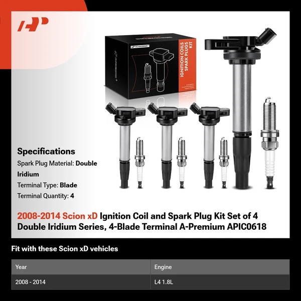 2008-2014 Scion xD Ignition Coil and Spark Plug Kit Set of 4 Double Iridium Series, 4-Blade Terminal A-Premium APIC0618