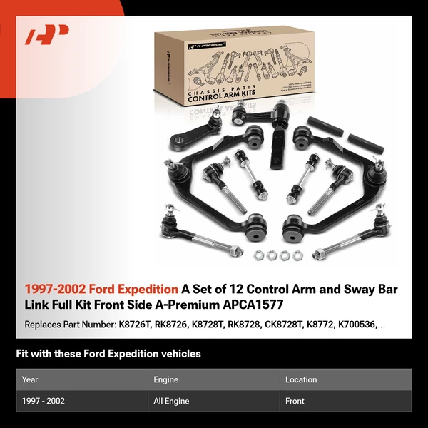 1997-2002 Ford Expedition A Set of 12 Control Arm and Sway Bar Link Full Kit Front Side A-Premium APCA1577