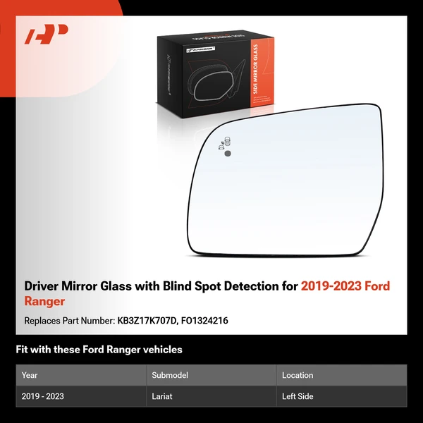 Driver Mirror Glass with Blind Spot Detection for 2019-2023 Ford Ranger
