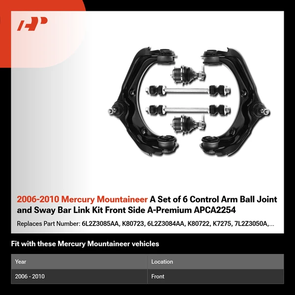 2006-2010 Mercury Mountaineer A Set of 6 Control Arm Ball Joint and Sway Bar Link Kit Front Side A-Premium APCA2254