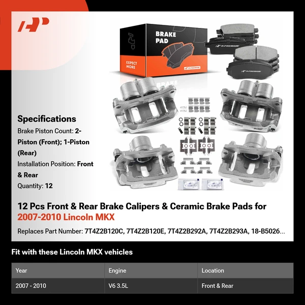 12 Pcs Front & Rear Brake Calipers & Ceramic Brake Pads for 2007-2010 Lincoln MKX