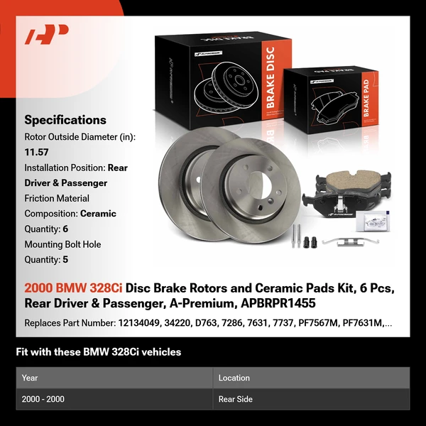 2000 BMW 328Ci Disc Brake Rotors and Ceramic Pads Kit, 6 Pcs, Rear Driver & Passenger, A-Premium, APBRPR1455