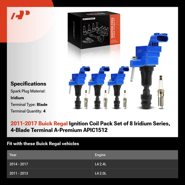 2011-2017 Buick Regal Ignition Coil Pack Set of 8 Iridium Series, 4-Blade Terminal A-Premium APIC1512